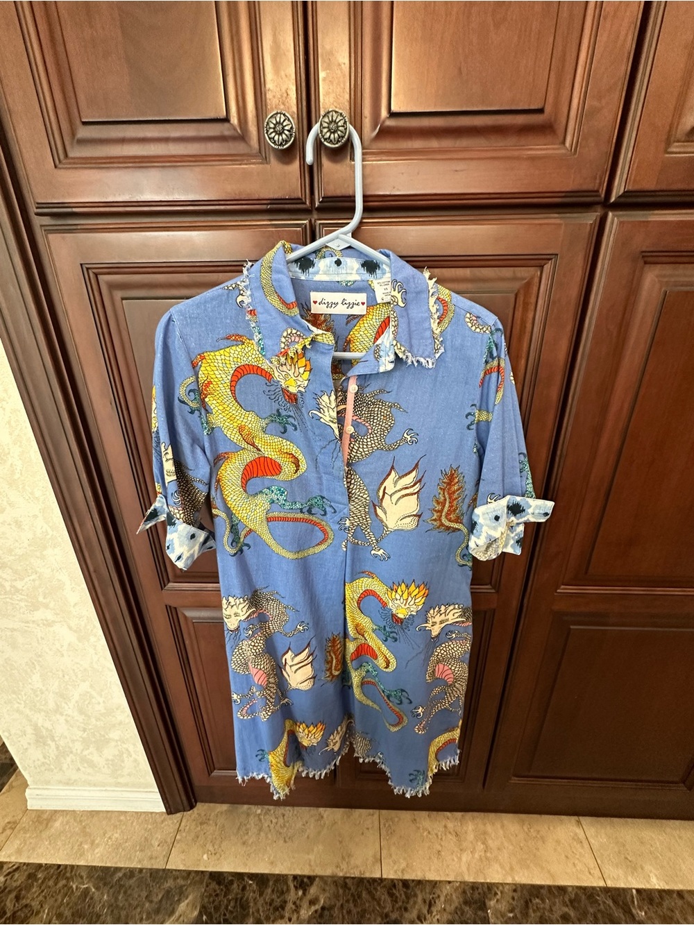 Women's Blue Dragon Print Button-Down Dress Shirt - Casual